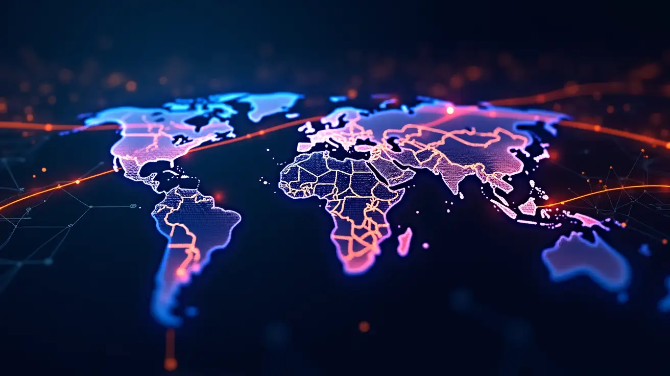 a high-quality, abstract image representing global network connectivity and data flow. The image should feature a dark background with vibrant, neon-like glowing lines resembling circuit pathways, crossing over a digital map of the world. Include multiple glowing data nodes and interconnections, highlighted in bright blue, orange, and purple, to symbolize the dynamic flow of data across the globe. The overall design should evoke a sense of high-tech, futuristic networking infrastructure, with complex digital patterns and a visually striking combination of electric colors. The image should be modern, energetic, and without any text or logos