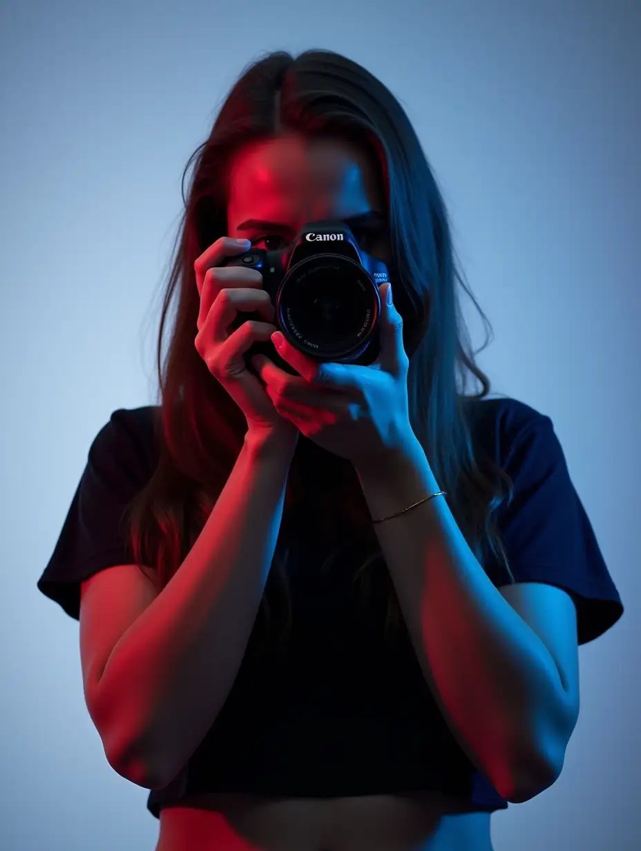 Russian-Female-Photographer-Capturing-Photo-with-Canon-Camera-in-Dark-Blue-and-Red-Lighting