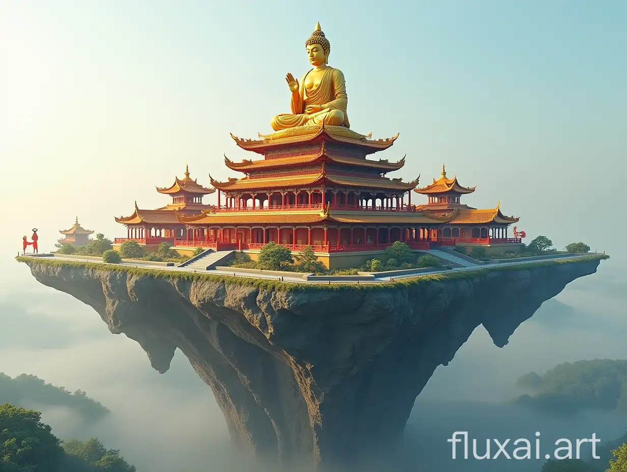 buddha amitufo, chinese temple, temple built on floating island in the air, in 3d style