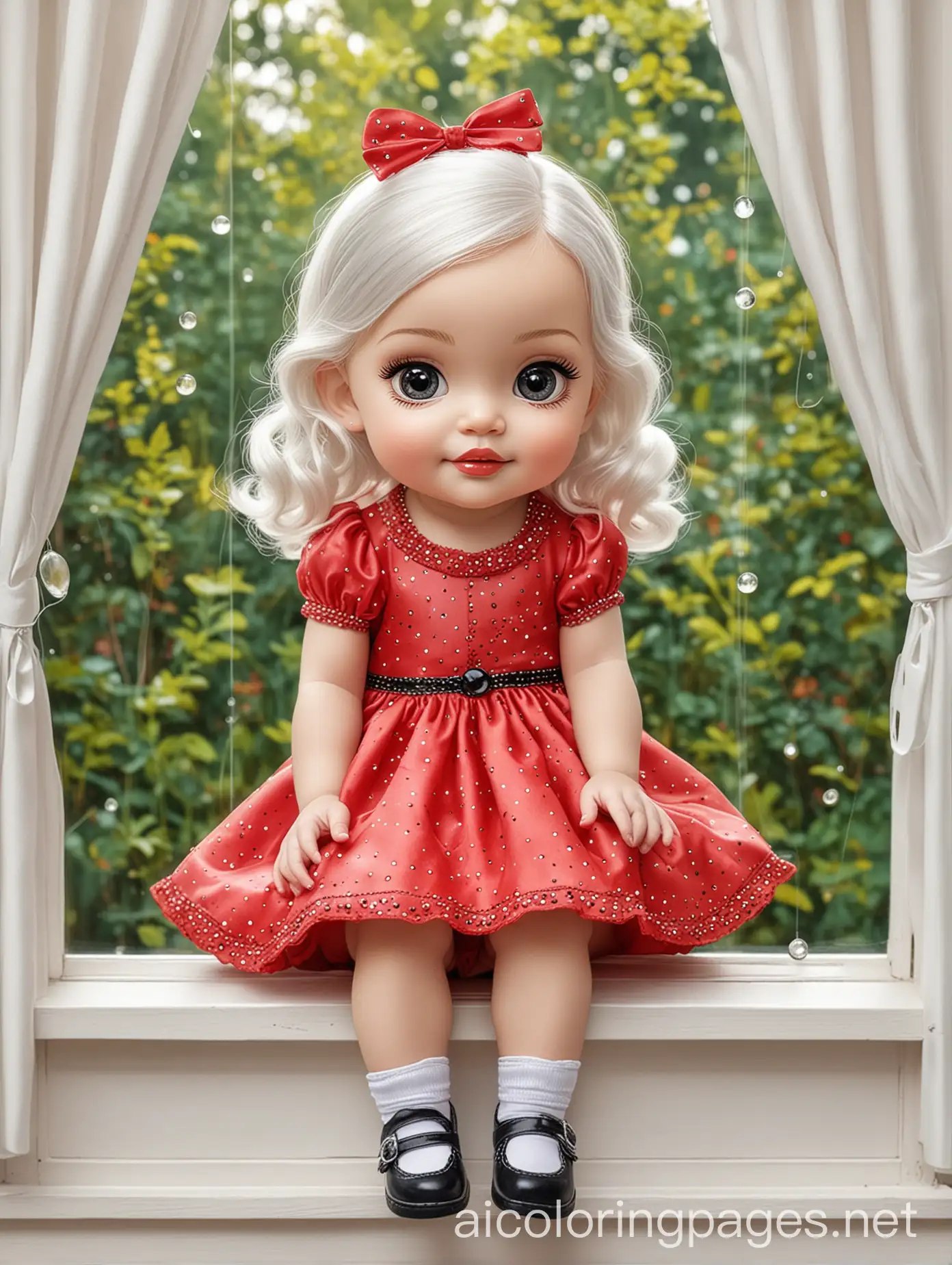 Child-with-Sparkling-Eyes-in-Red-Pearls-Dress-on-NatureLit-Window