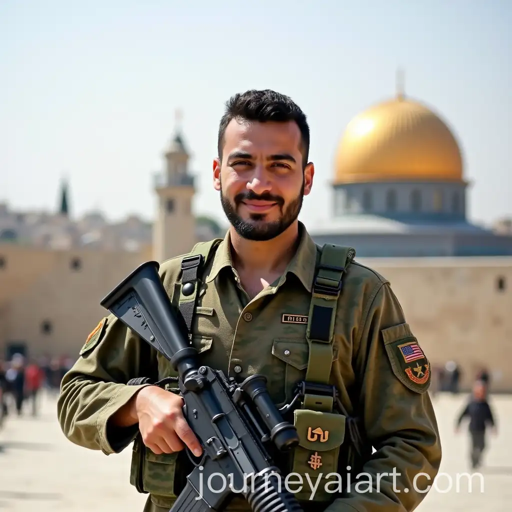 Hezbollah-Soldier-in-US-Woolband-Camo-Standing-Before-Dome-of-the-Rock-Mosque