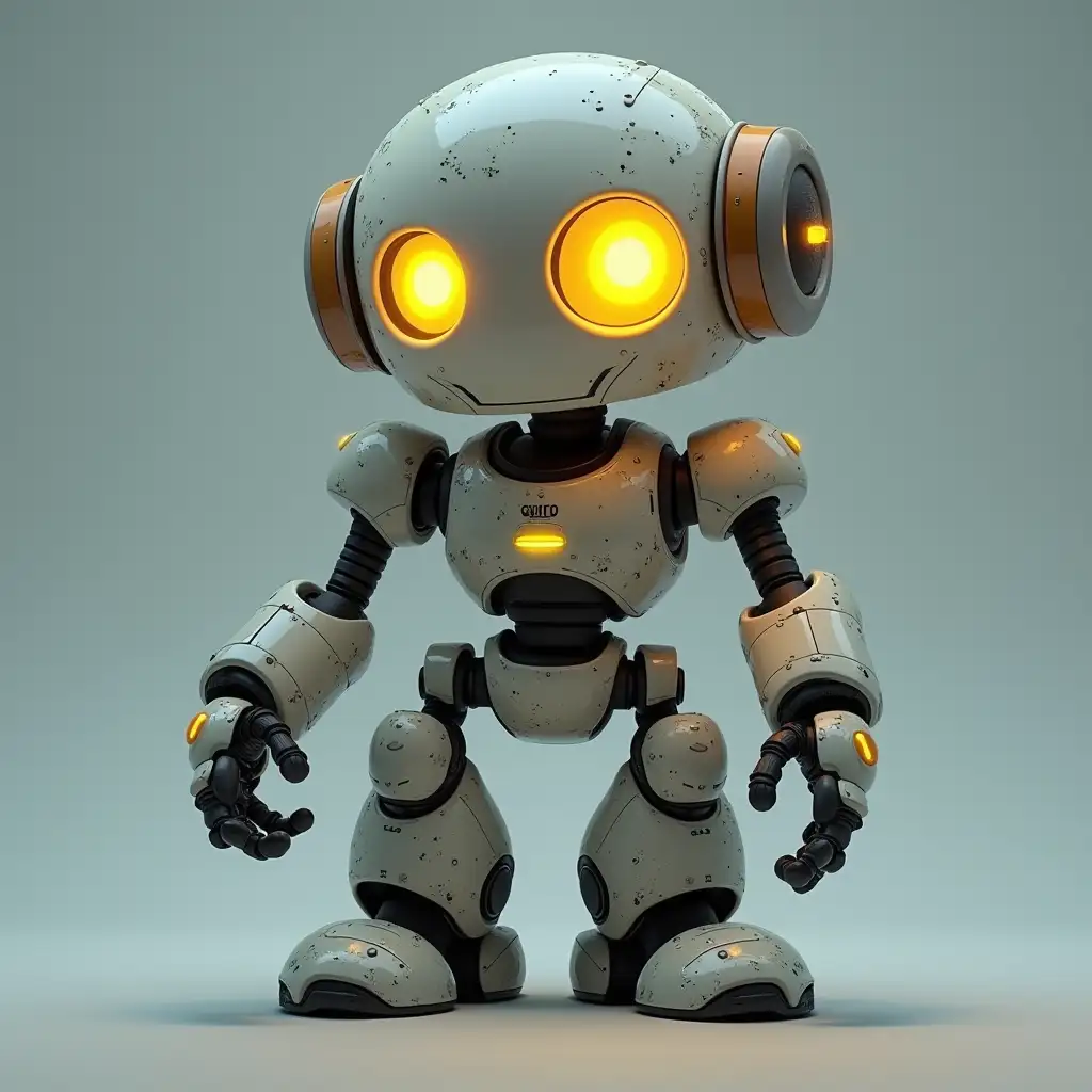 Create a sweet robot character for me. With yellow lights for eyes.