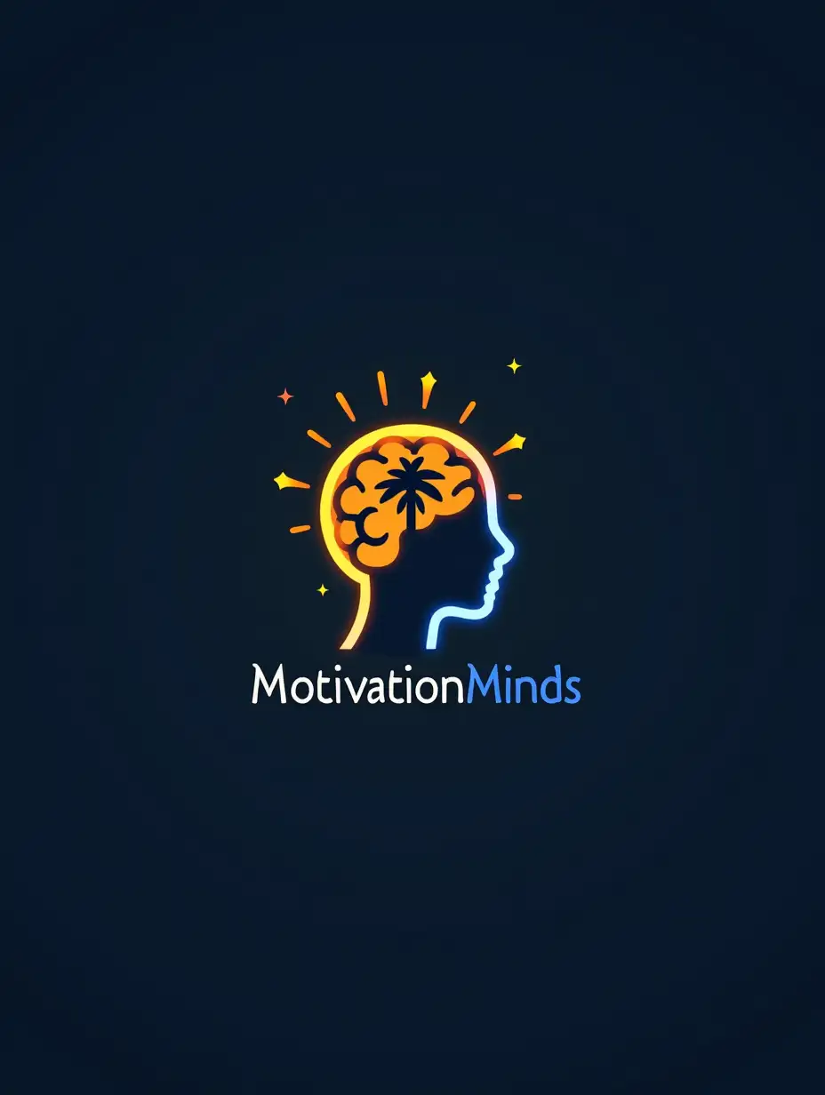 Design a modern and sleek logo for a brand named 'MotivationMinds.' The logo should radiate positivity, inspiration, and growth. Incorporate an abstract brain or head silhouette with glowing connections to symbolize ideas and intelligence. Blend elements like a rising sun, an upward arrow, or a tree to represent growth and progress. Use vibrant and energetic colors such as orange, yellow, and blue, combined with a clean, minimalist typeface for the text 'MotivationMinds.' Ensure the design feels professional and appealing, suitable for a motivational or self-development brand, with a balanced combination of modern and uplifting aesthetics.