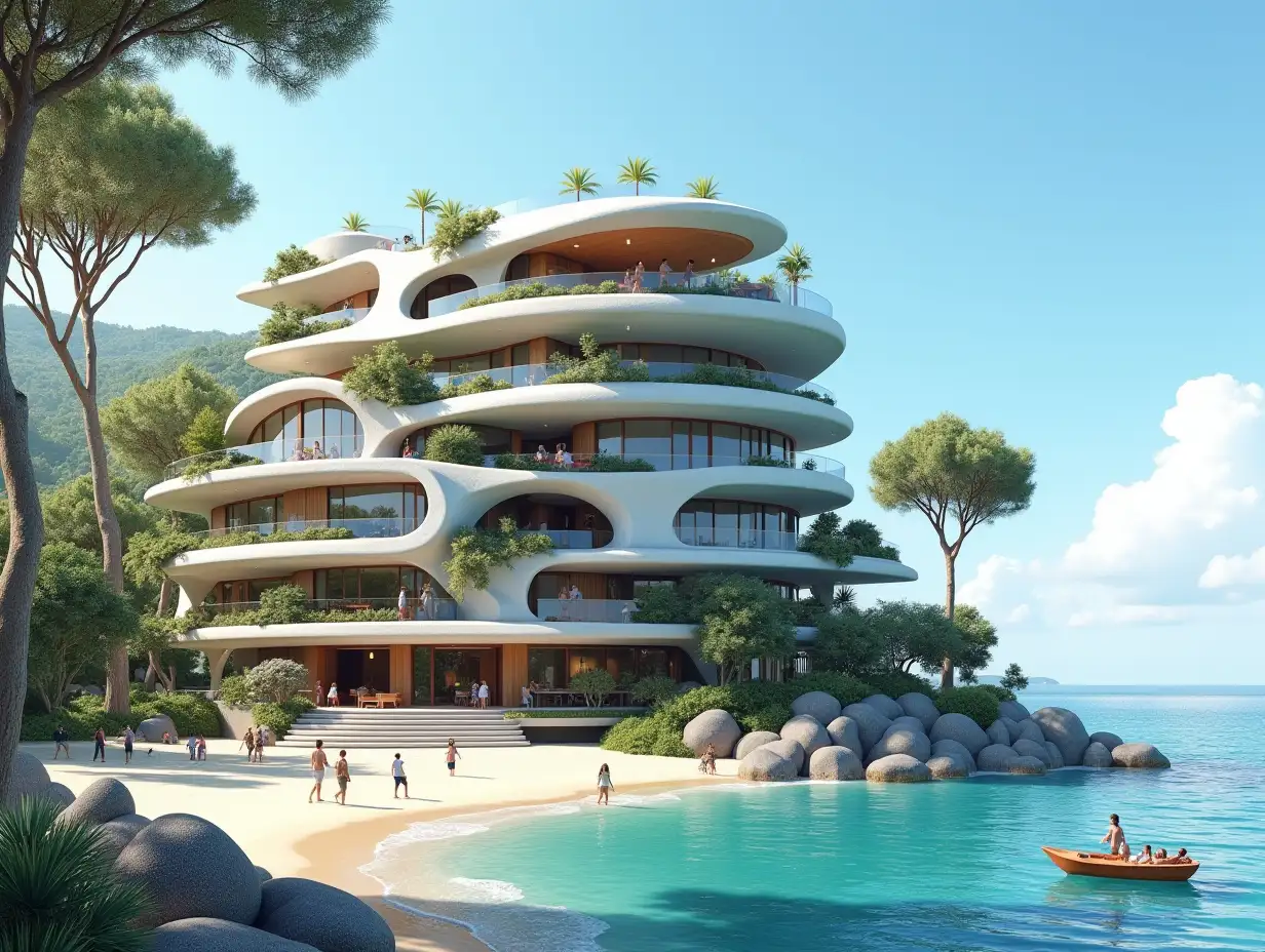 Create a high-resolution, realistic panorama image of a multi-level futuristic terrace building by the sea with snail-shell windows, a yacht and a small boat on the beach, many people, plants, gray and brown facades, large sea trees, blue sky