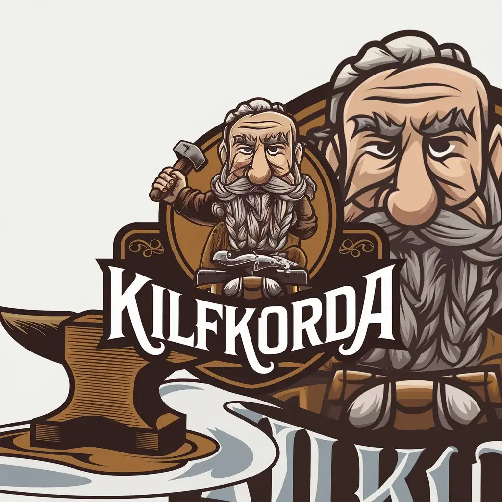 LOGO Design for KilfKorda Beer Theme with Dwarf Striking Anvil and Hammer Symbol