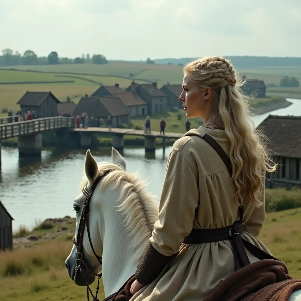 Scinematic picture of a blond viking woman on a white horse. She is overlooking a small viking town and a wooden bridge over the river Thames. The bridge and the houses are made from wood. You can see small fields in the background. It is an open landscape.