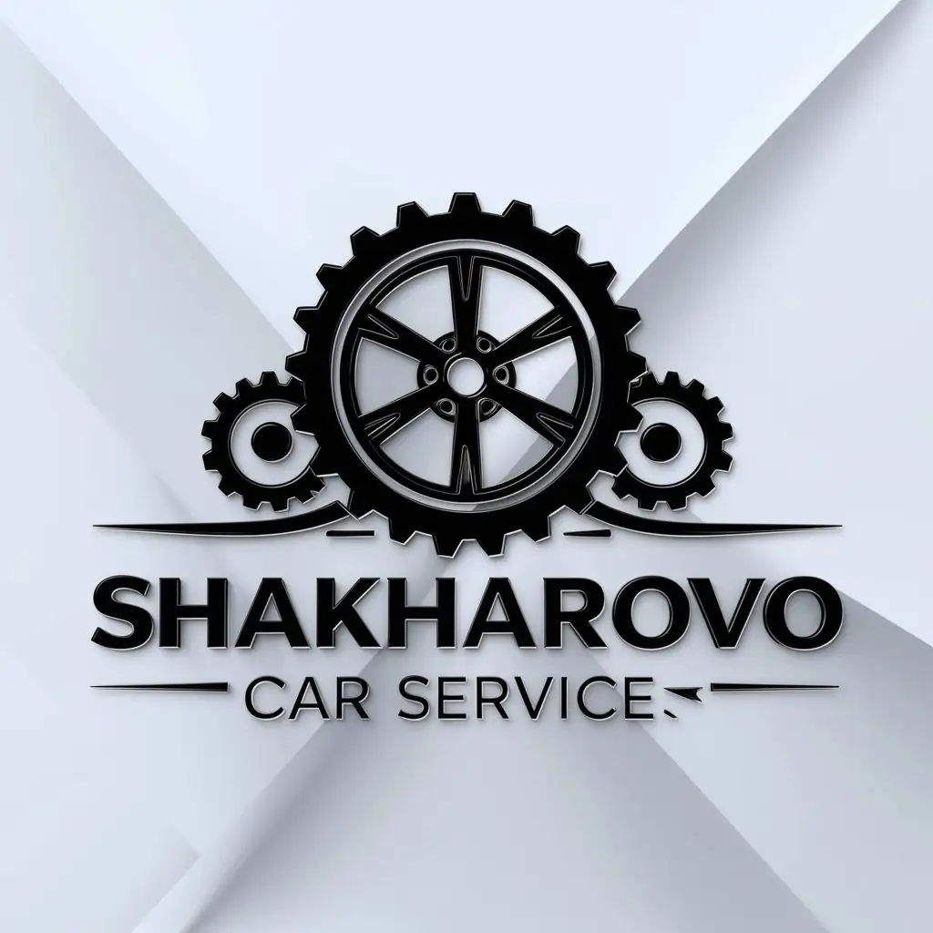 a logo design,with the text "Shakharovo car service", main symbol:Wheel and gears,complex,clear background