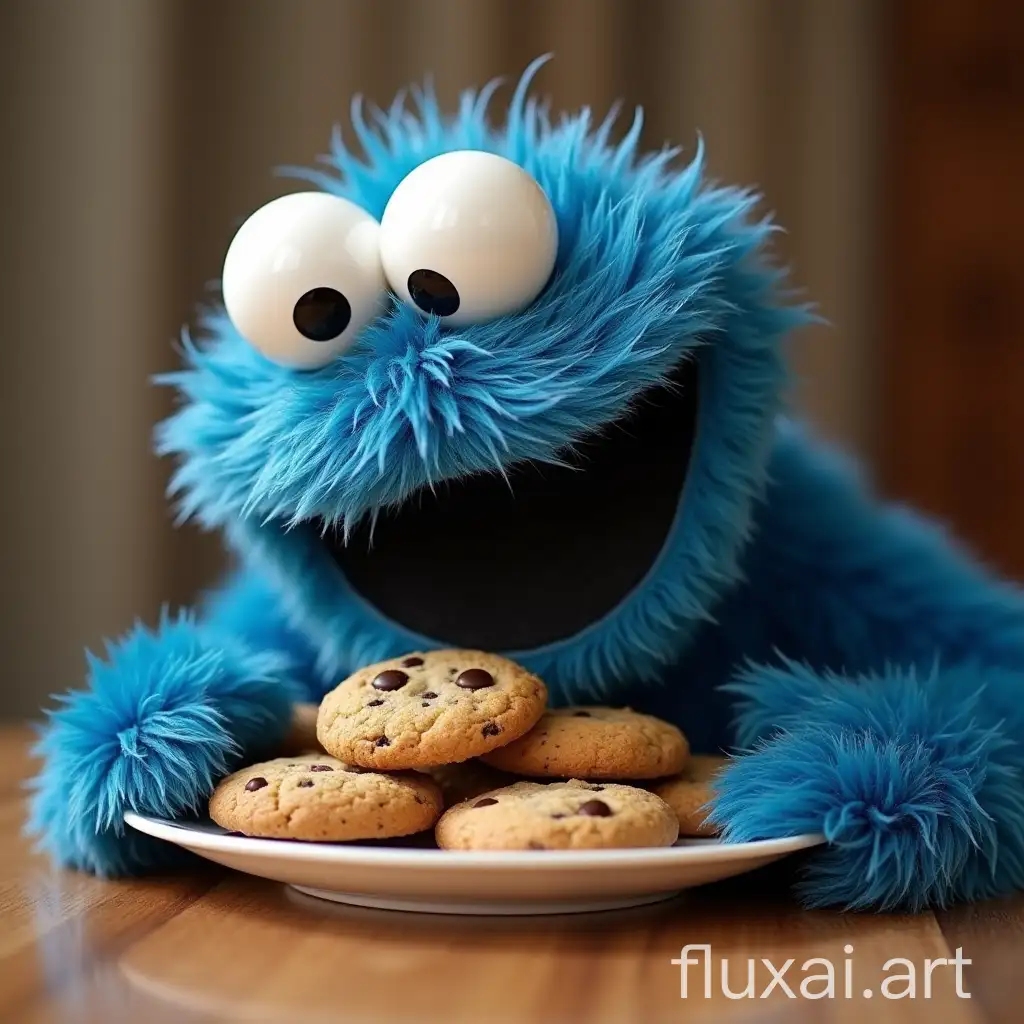 sesamstrasse cookie monster devouring plate of fresh cookies.