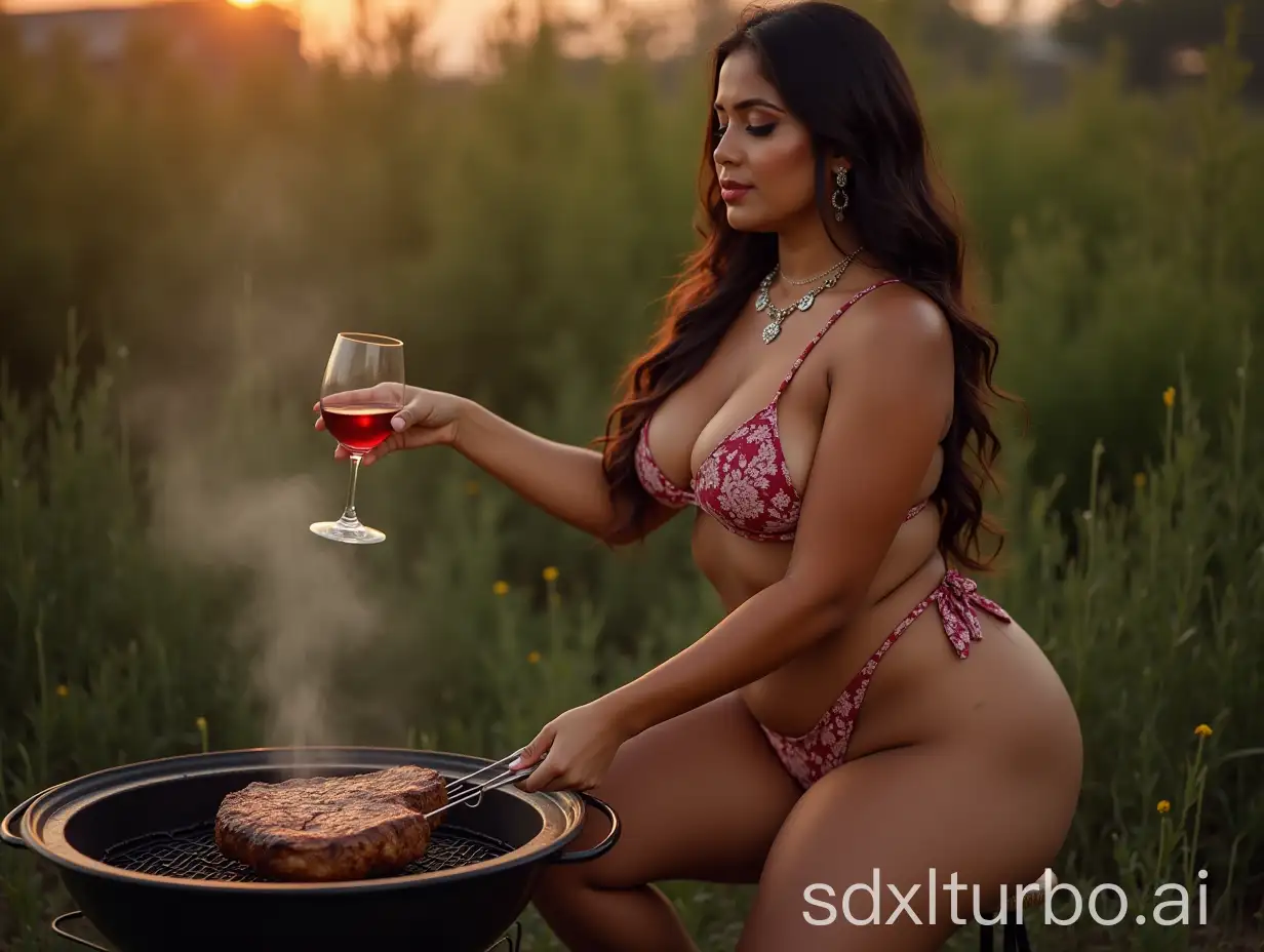 Gorgeous-Indian-Woman-Enjoying-Wine-and-Steak-BBQ