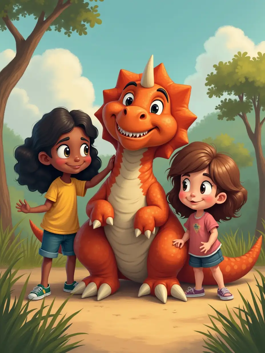 Mari, David, Amina and their pet triceratops Stampy, old cartoon