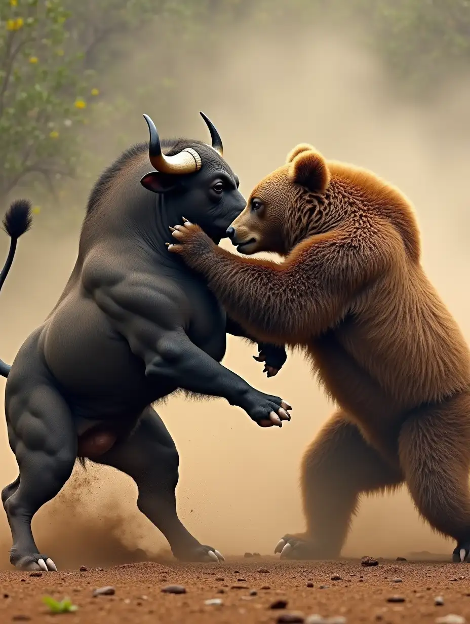 A fierce battle between a powerful bull and a large brown bear.