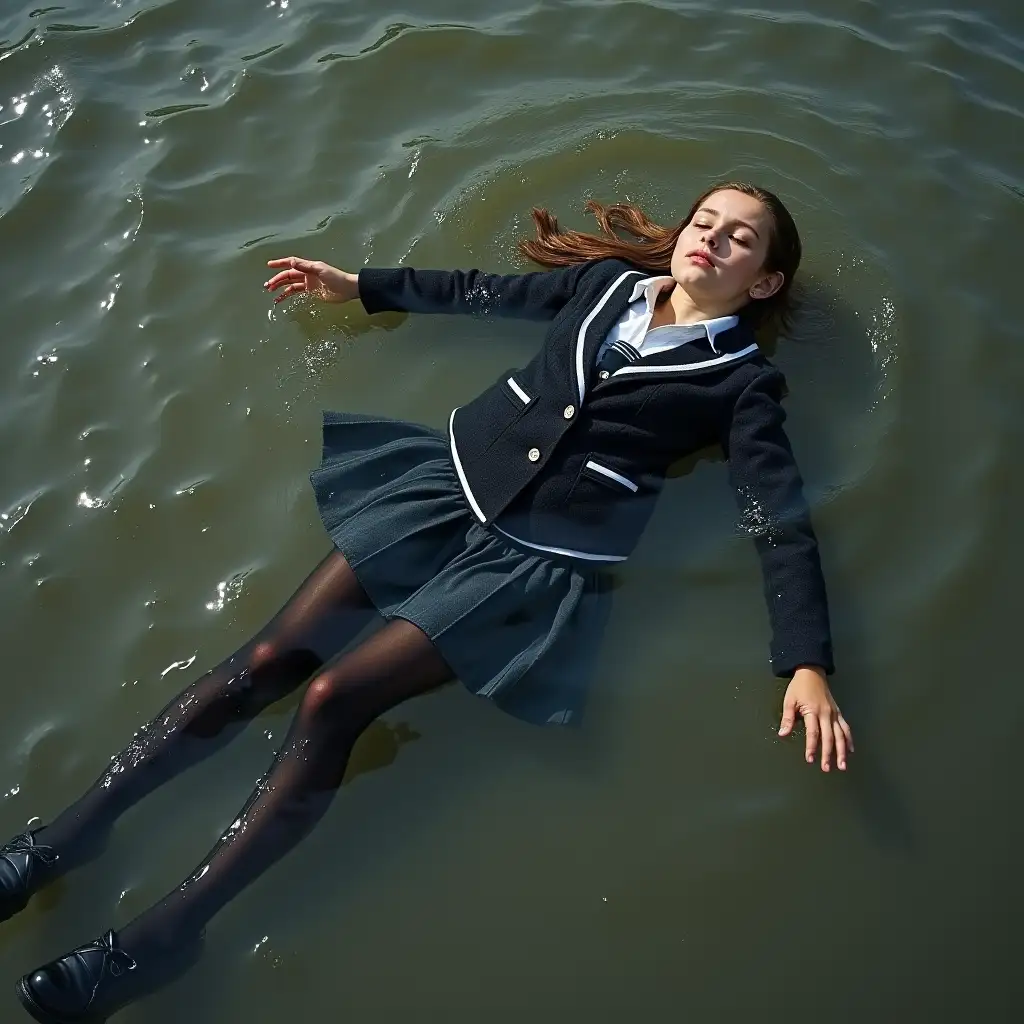 A schoolgirl in a school uniform, with a skirt, jacket, blouse, dark tights, high-heeled shoes. Swims in a dirty pond, clothes completely wet, underwater, lying fully in the water, complete soaking, wet clothes stick to the body, immersion in water.