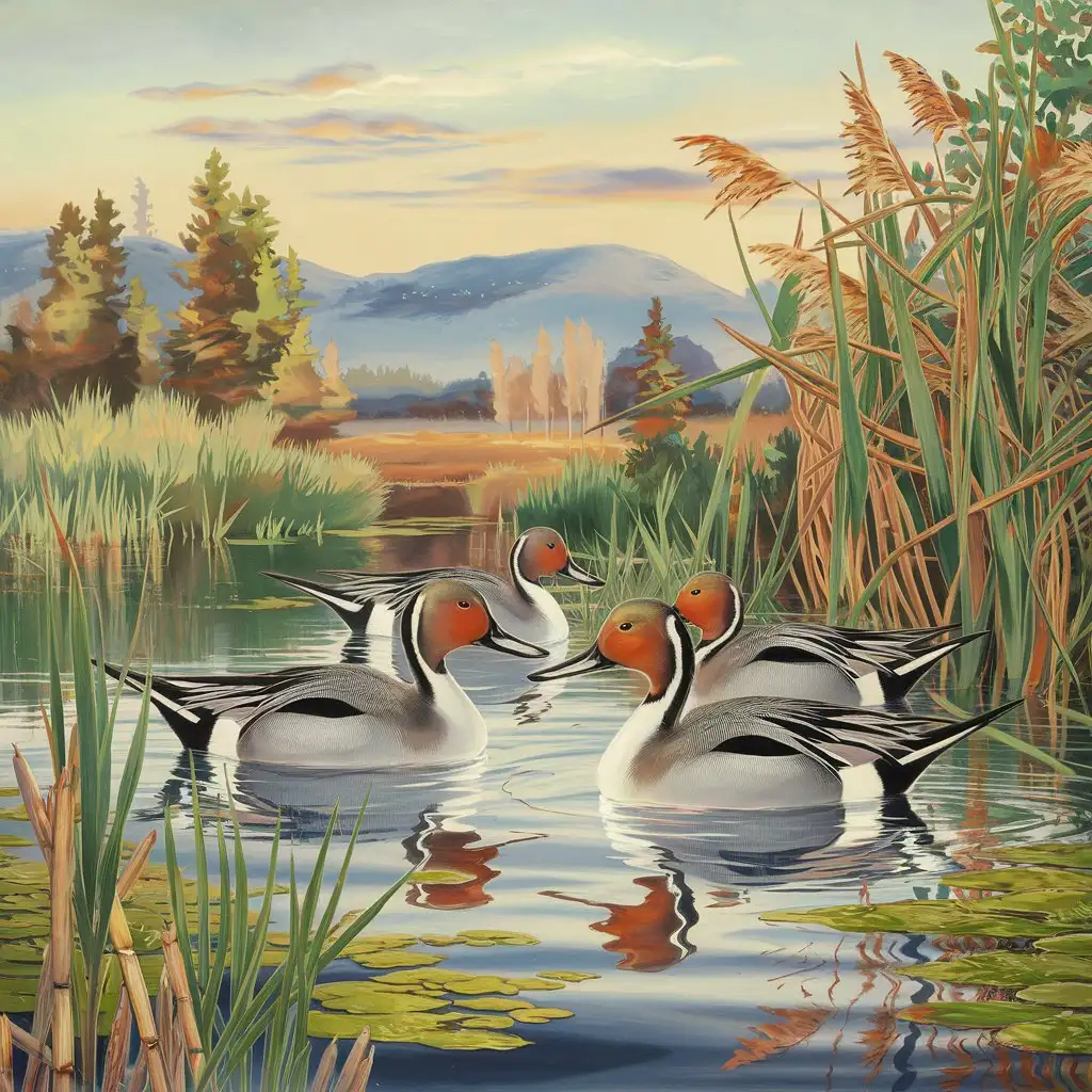 Pintail Ducks Floating on Pond with Pond Grasses and Reeds