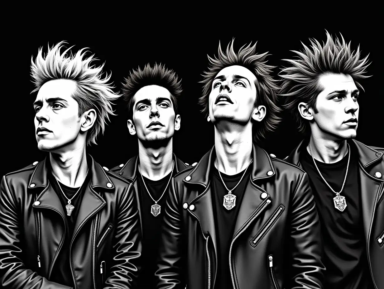 black and white rough sketch illustration of four head musician, sex pistols members, punk rock band, isolated in black background