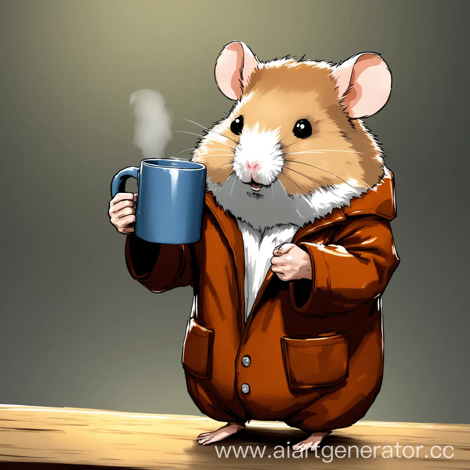 The Hamster man holds a mug in his hand