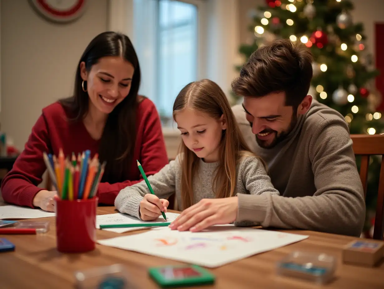 On Christmas Day, at home, a 10-year-old girl sits at a table painting with colorful pencils, while her parents sit beside her smiling and accompanying her. There are some pencil boxes, paper, and a pencil bucket on the table, delicate and festive. The Christmas atmosphere includes a Christmas flag and a Christmas tree,