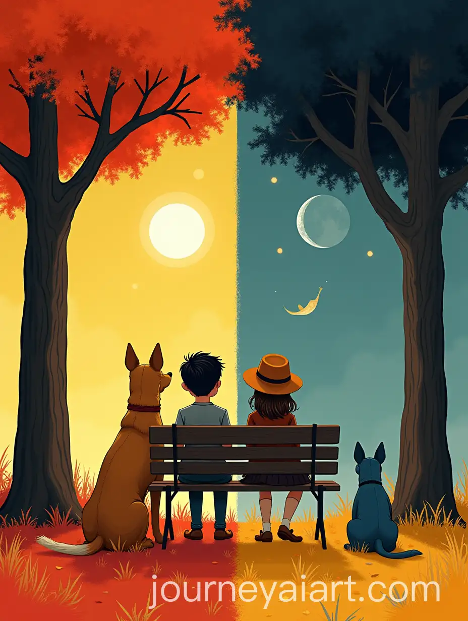 Boy-and-Girl-Sitting-on-Park-Bench-with-Dog-and-Contrasting-Seasonal-Elements