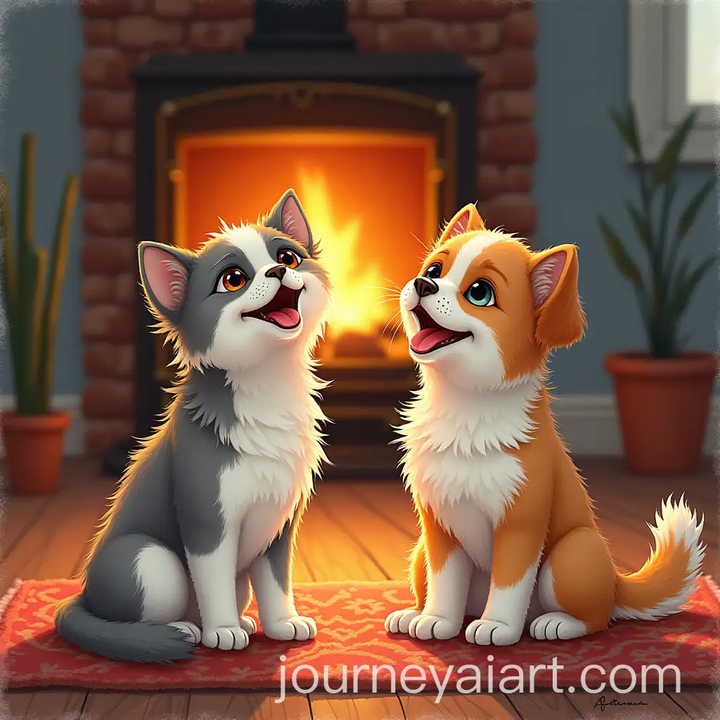 Playful-Cat-and-Dog-in-Cozy-Living-Room-with-Warm-Fireplace