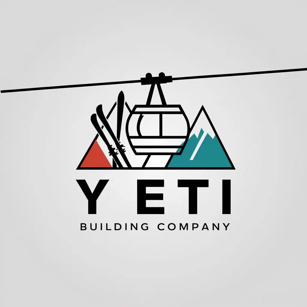 a vector logo design,with the text "Yeti building company", main symbol:Create a minimalistic vector logo for company 'Yeti building company'. The logo should include three colors that harmoniously complement each other. The main element of the logo should be a cable car, which integrates with other elements such as mountains, skis and letters of the company's name. The cable car should be done in a way that it organically fits into the overall composition, creating an impression of movement and dynamics. The logo should convey the idea of building and adventures related to skiing and extreme sports.,complex,be used in Travel industry,clear background