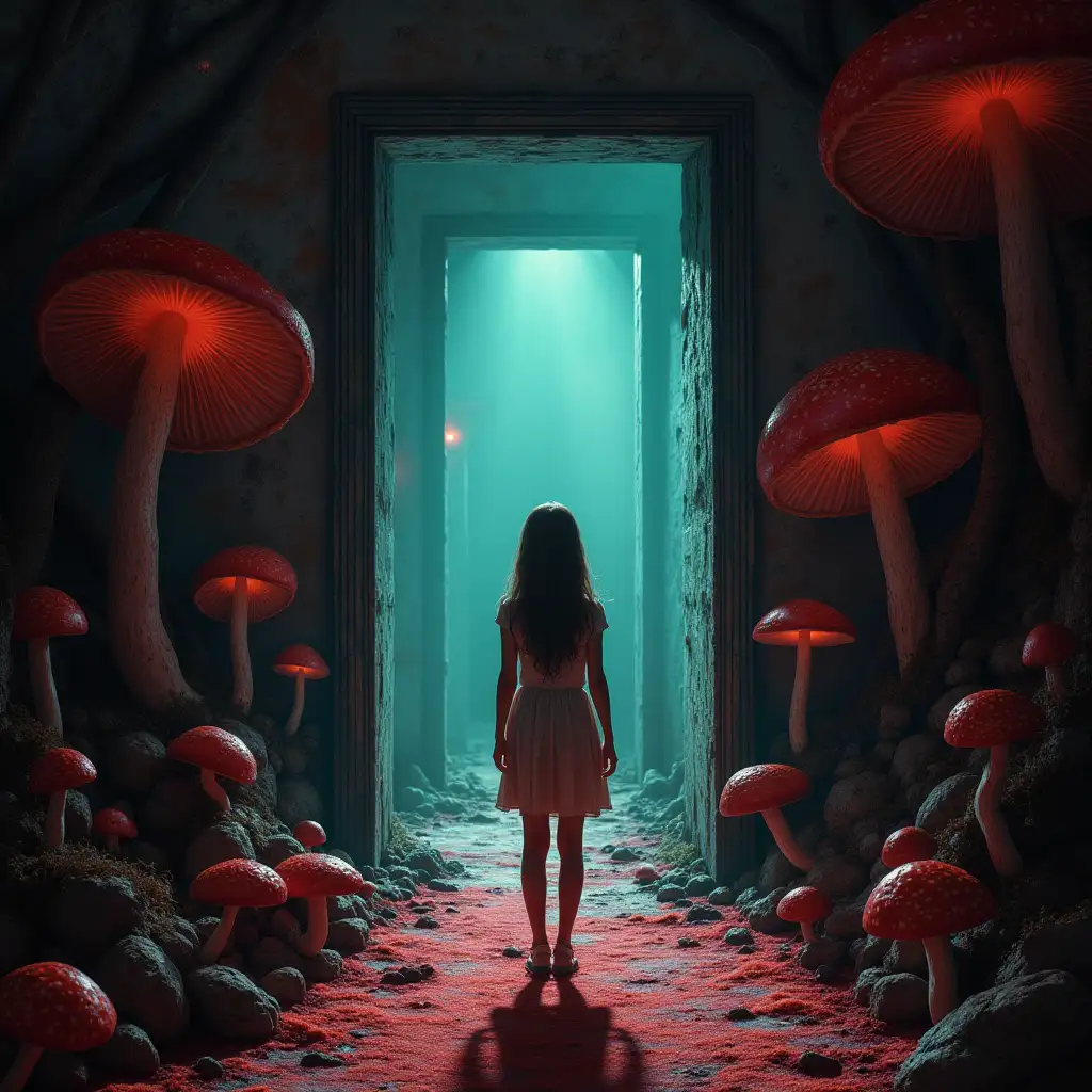 the girl standing in front of the door to the world of psycho lsd with mushrooms