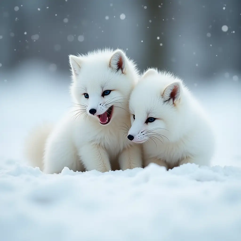 2 baby Arctic Fox playing in the snow. Hyper realistic, intricate, elaborate, animals photography, National Geographic quality 8K, HDR, UHD