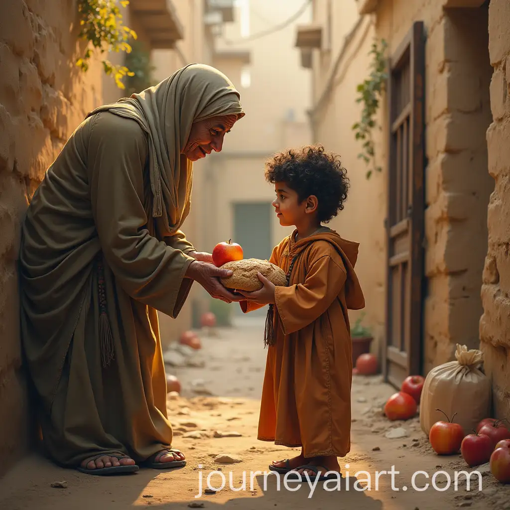 Arabic-Child-Giving-Bread-and-Apple-to-Elderly-Woman