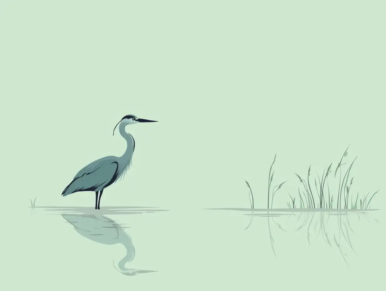 Soft sage green background representing wetland terrain  Thin, elegant black line drawings of: A blue heron standing gracefully on one leg Delicate reed grass stems bending slightly Small water ripples at bottom of composition Subtle water reflection effect underneath the landscape elements Color palette: sage green, charcoal black, muted blue-gray Negative space emphasizing simplicity and ecological balance Minimalist geometric shapes suggesting water ecosystem interconnectedness Scandinavian-inspired ecological minimalism,  Vector illustration with smooth, clean lines, 128k, uhd