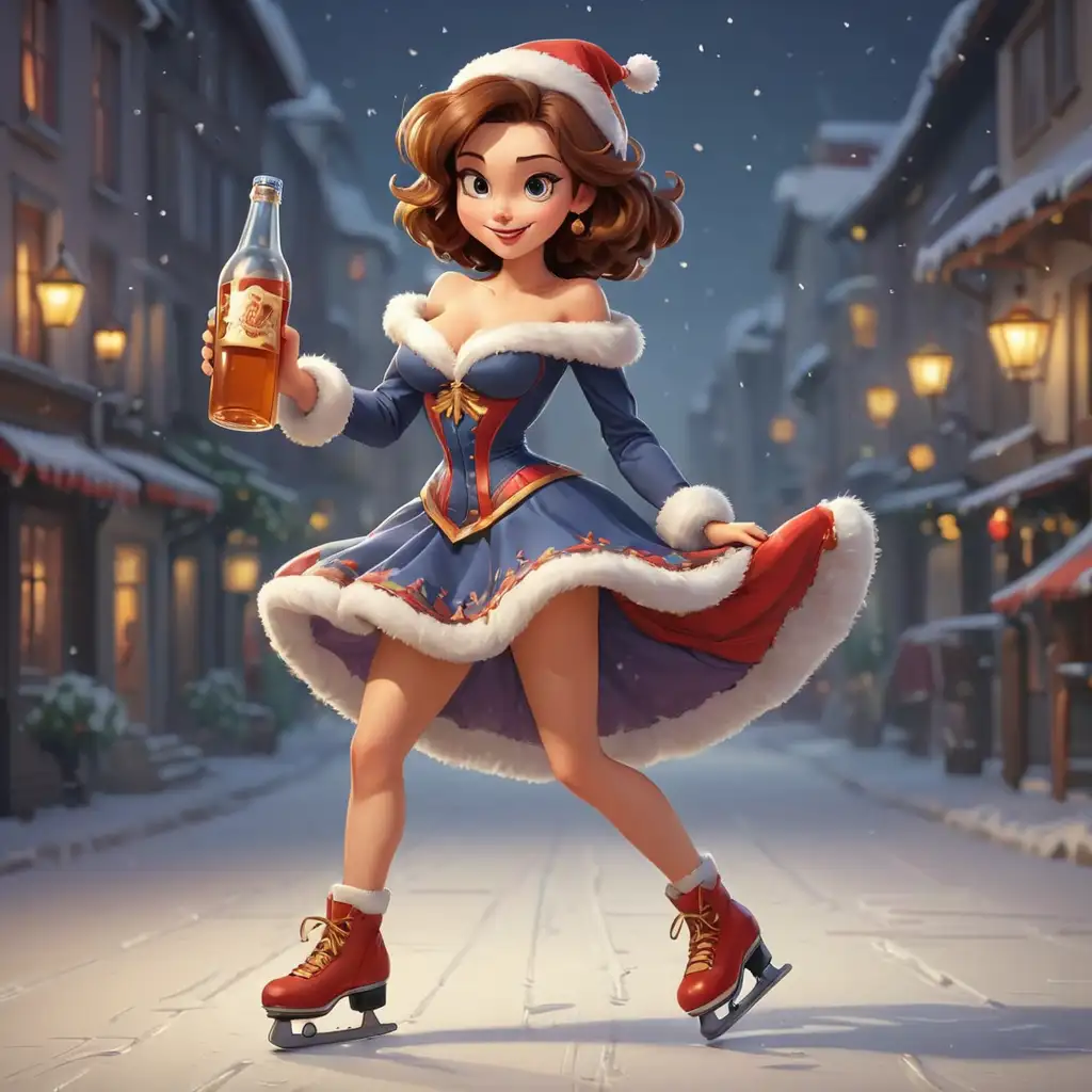 Cartoon-Woman-in-New-Year-Costume-Skating-with-a-Bottle-in-Hand