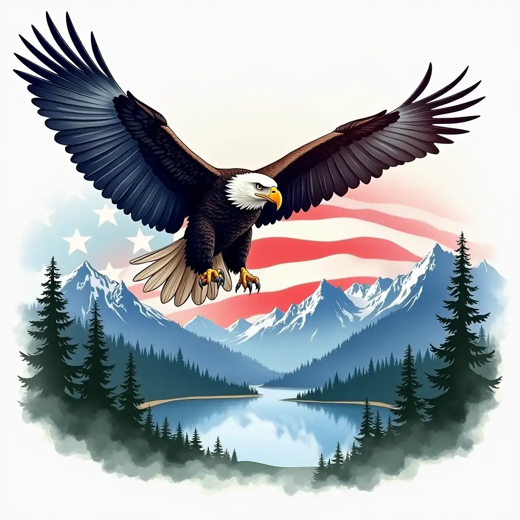 Vector illustration. Create an image of a majestic eagle in flight over a scenic landscape with mountains, forests, and a lake, integrated with the pattern of the American flag in the background. Watercolor style.