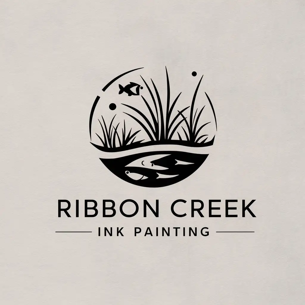 LOGO-Design-For-Ribbon-Creek-Ink-Painting-Minimalistic-Fish-Grass-Creek-Theme