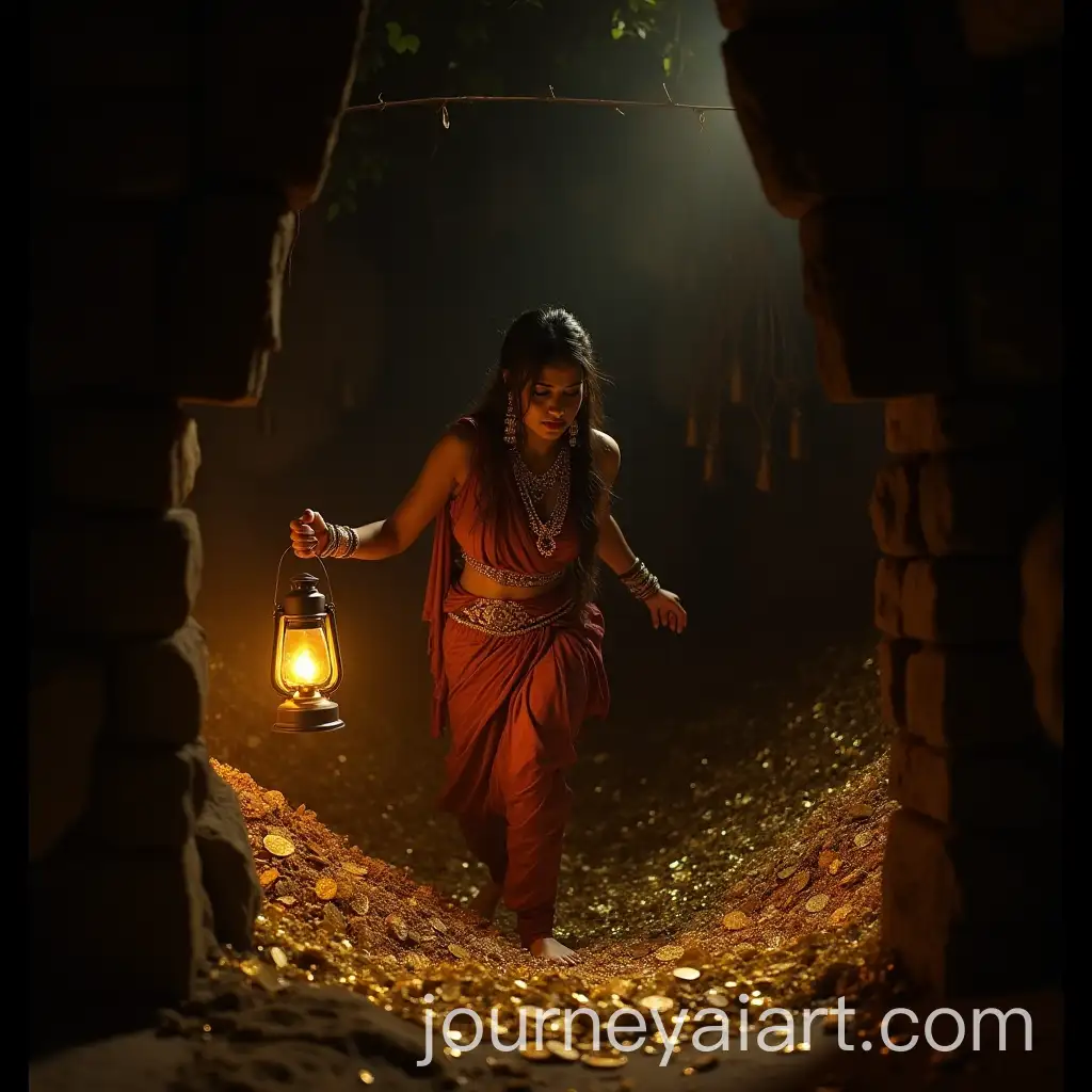 Indian-Woman-withAI-Image-Prompt-Expansion-Lantern-Descending-into-TreasureLaden-Room