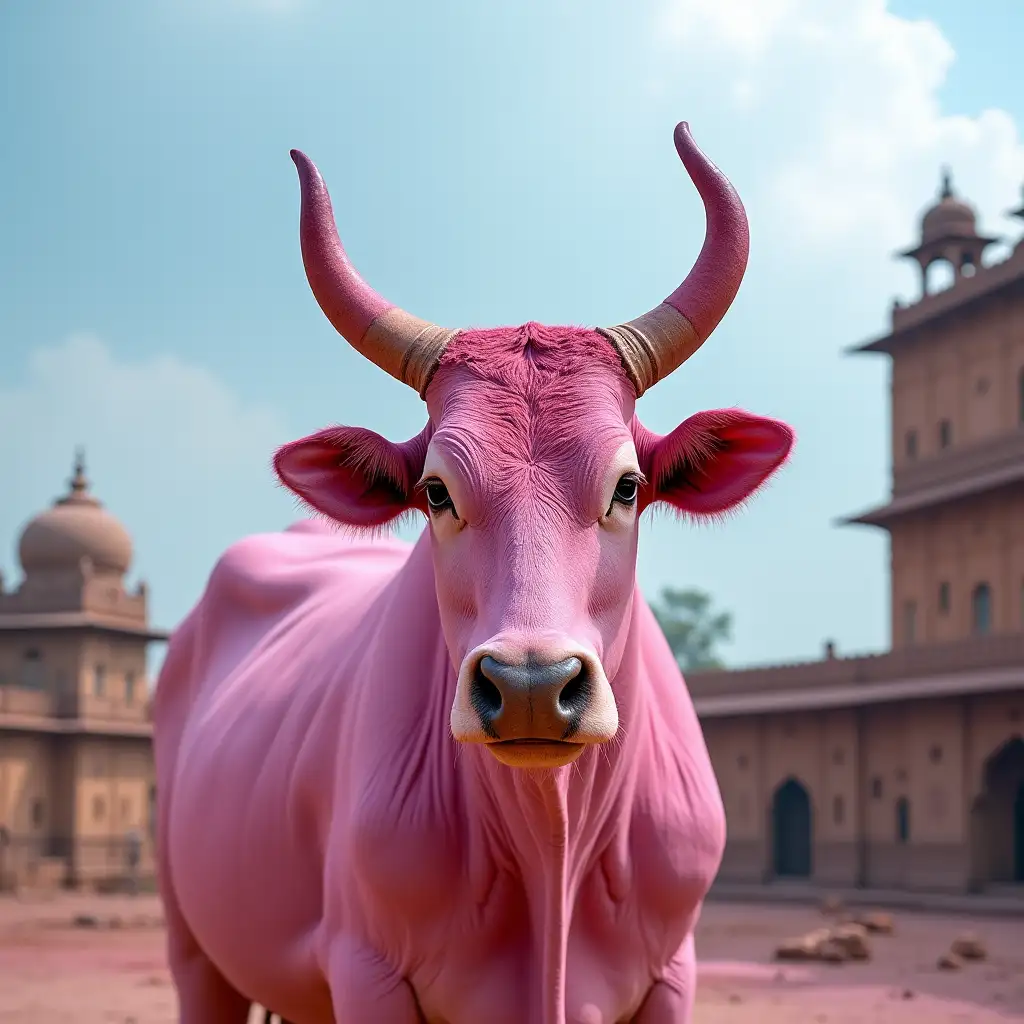 Holy-Cow-with-Red-Horns-in-Rajasthans-Historic-Setting