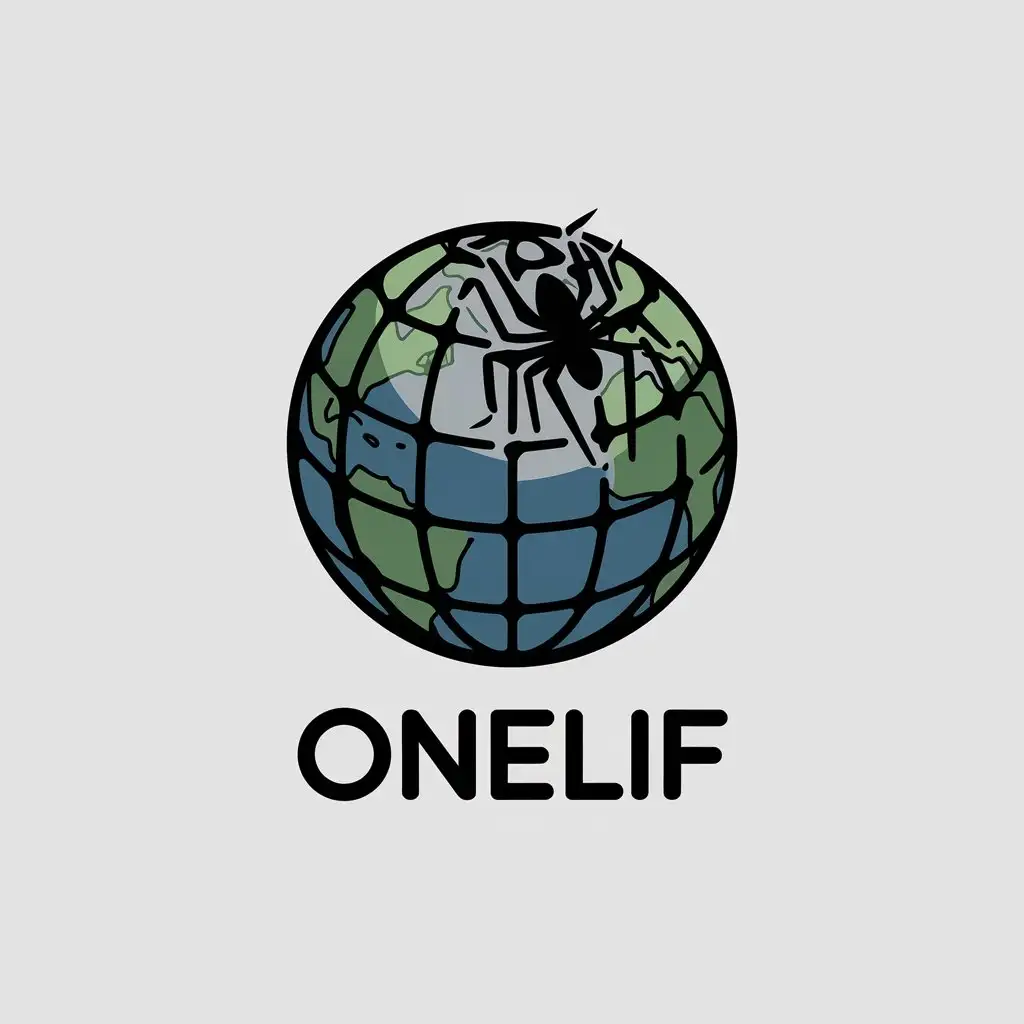 a vector logo design,with the text "ONELIF", main symbol:terrestrial globe accompanied by a spider spinning its webs on the globe,complex,clear background