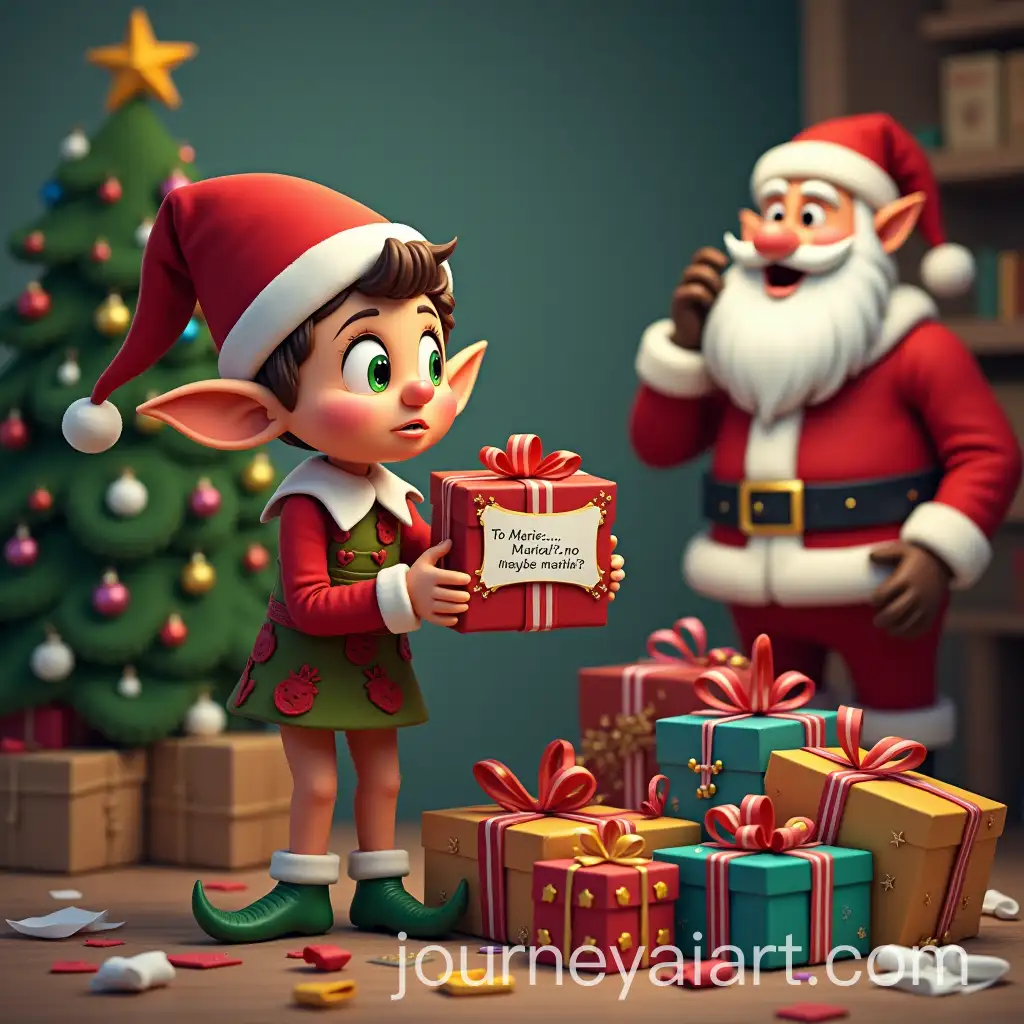 Mischievous-Elf-Struggling-with-Christmas-Gift-Labels-in-Santas-Workshop