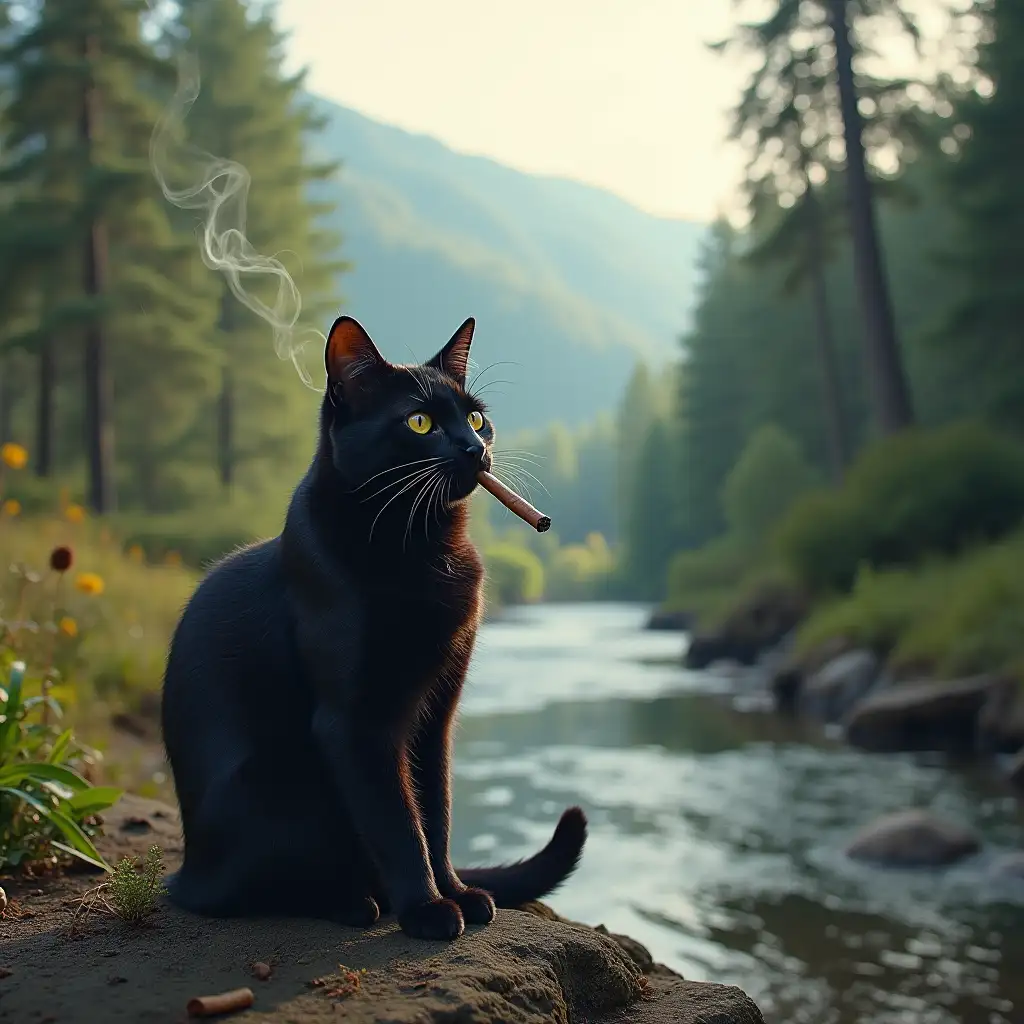 against the background of a summer forest on the bank of a mountain river, a black cat sits and smokes a cigar