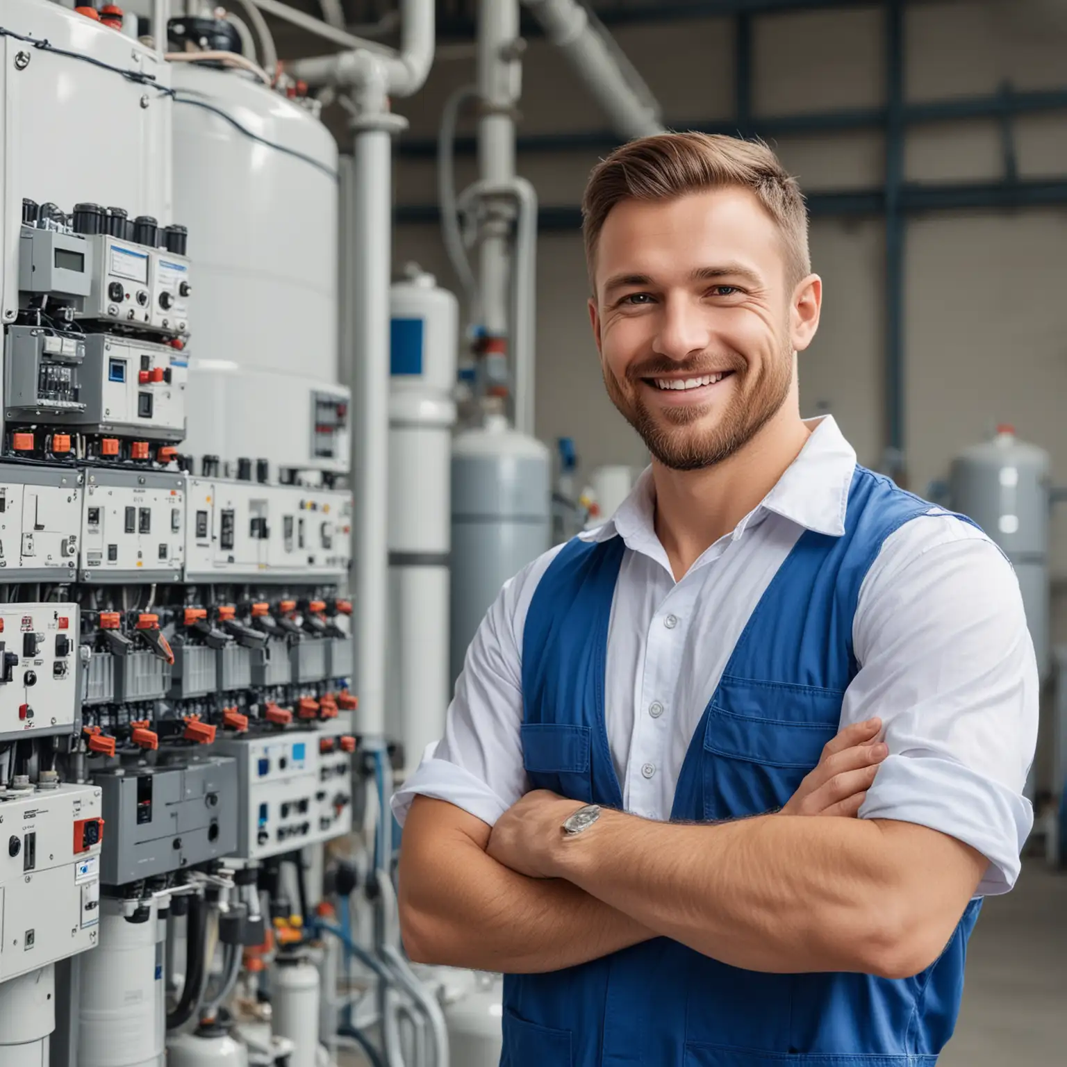 Draw a smiling Caucasian man working as an electrician for the maintenance and service of equipment in a mineral water production facility, surrounded by clean modern space, wearing blue and white clothes, with light hair