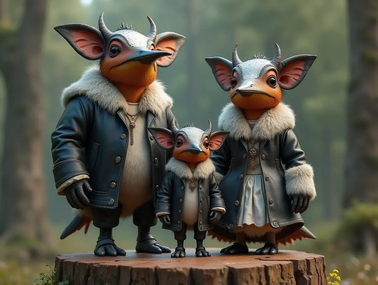 KI-Fantasy family, man, woman, and children, with ears and giant hummingbird face with and black- and white leather coat, cow pattern standing on a stump in 4k