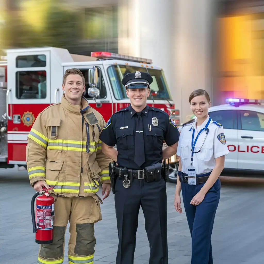 Heroic Trio Firefighter Police Officer and Paramedic United