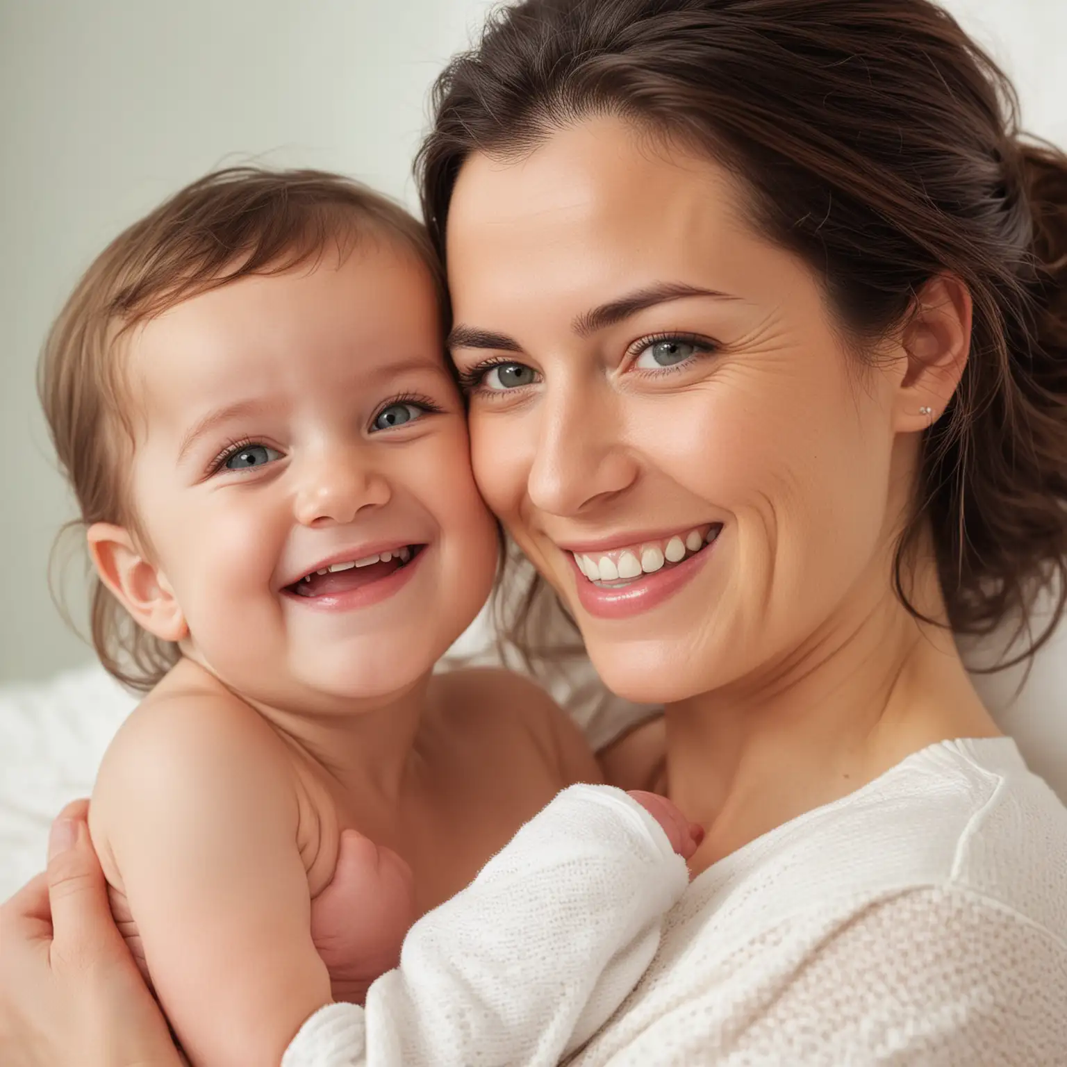 Joyful Mother and Her Smiling Newborn Child