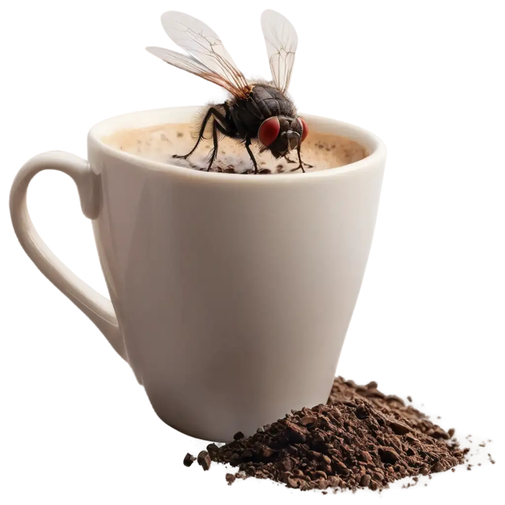 A FLY SITTING ON A COFFEE CUP WITH DIRT AROUND IT.