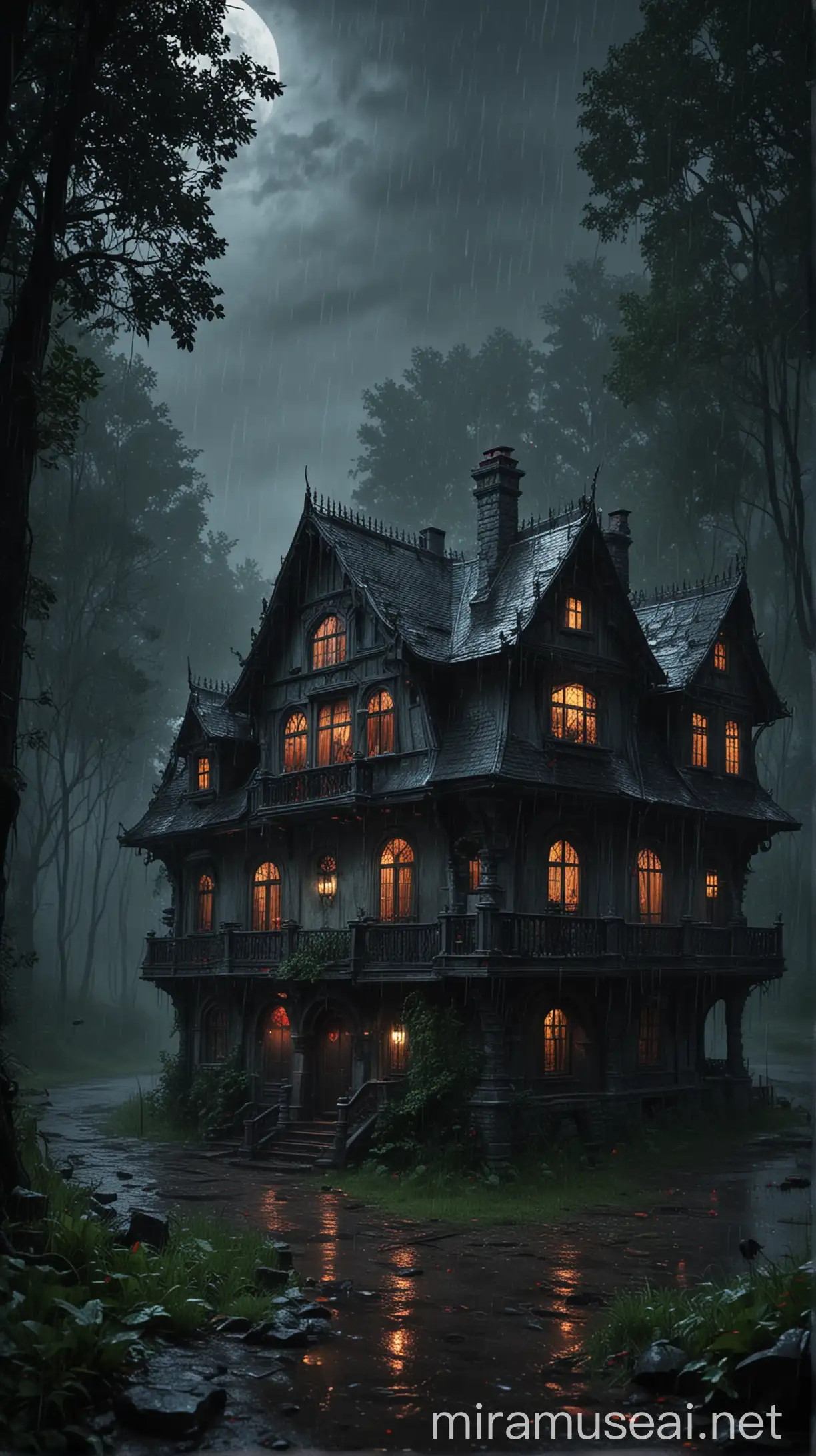 Eerie Vampire House Surrounded by a Dark Forest in Heavy Rain at Night