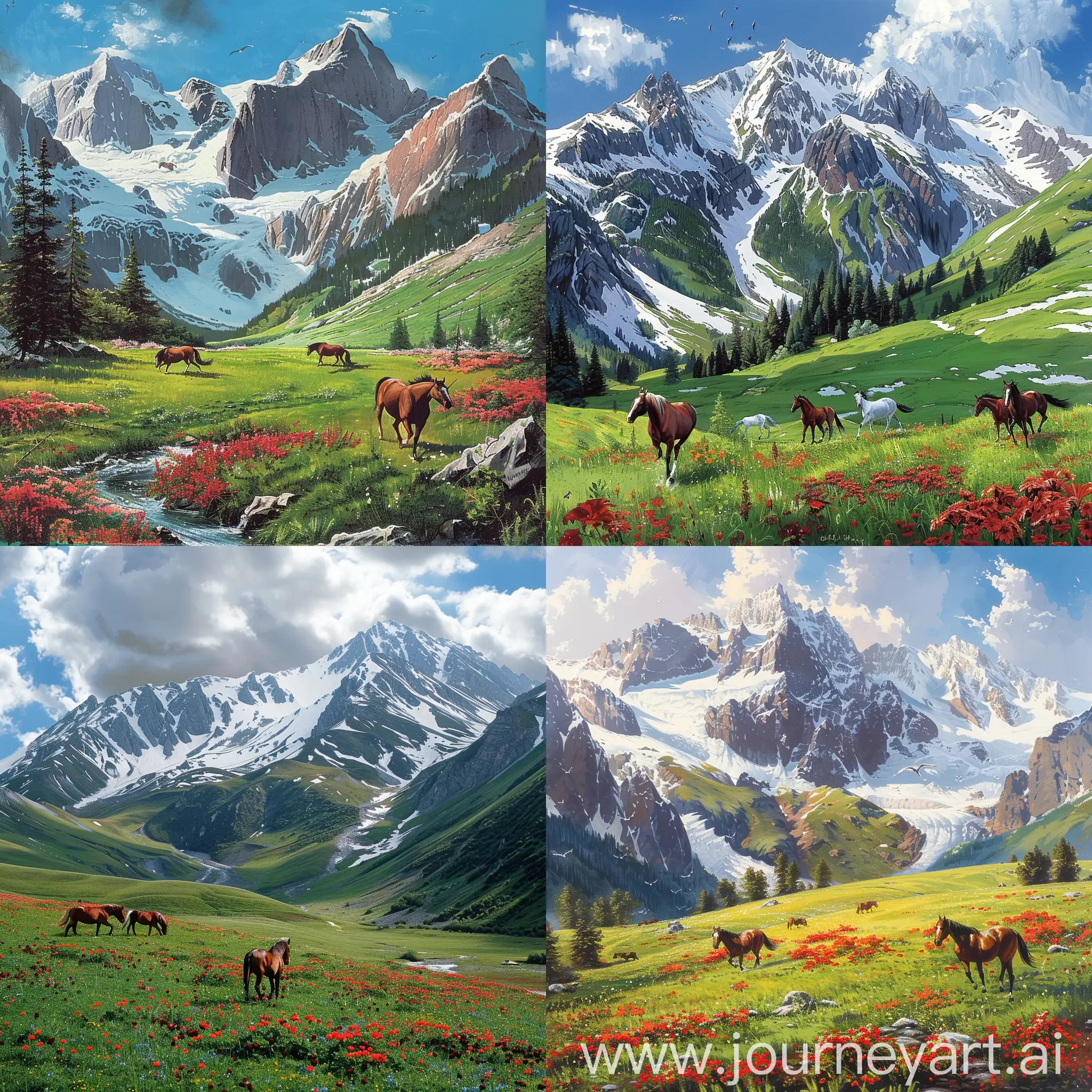 Scenic-SnowCovered-Mountain-Range-with-Meadow-and-Running-Horses