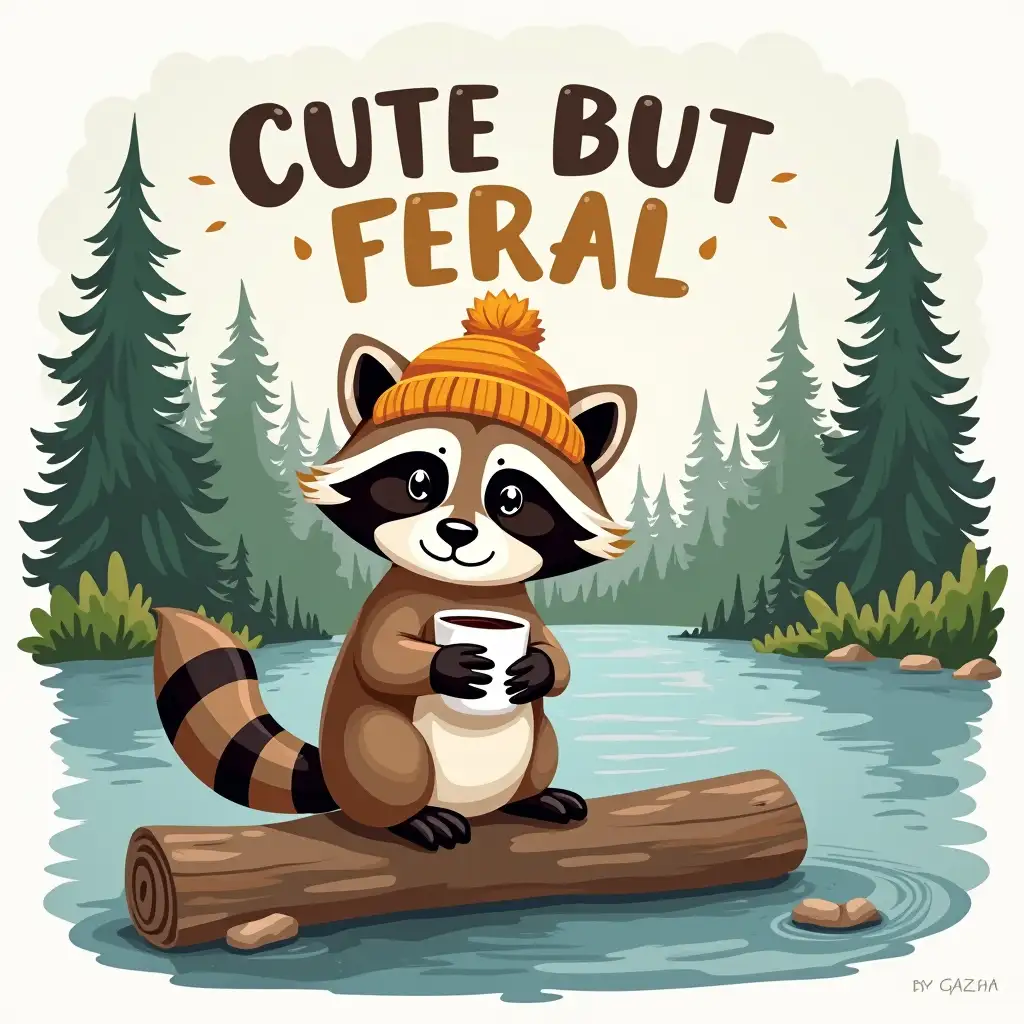 vector, Oil painting ART. Create a whimsical, nature-themed graphic featuring a cute raccoon wearing a beanie and holding a cup of coffee. The raccoon should be sitting on a log by a lake, surrounded by pine trees. The text 'CUTE BUT FERAL' should be prominently displayed in bold, contrasting colors, with a playful, handwritten style. The overall style should be lighthearted and fun, with a focus on the cuteness of the raccoon and the beauty of nature.