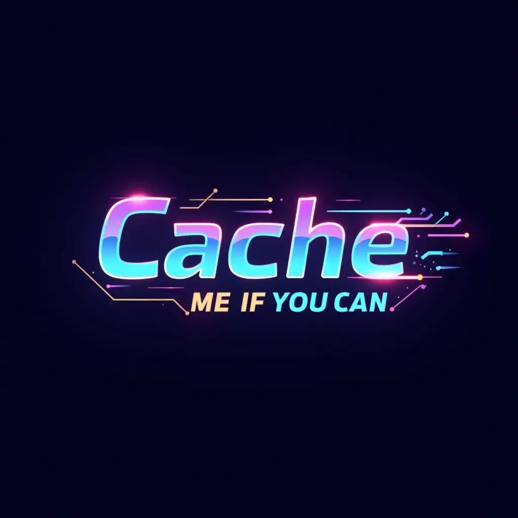 Create a futuristic, high-tech logo for a team called 'Cache Me If You Can'. The design should incorporate elements of speed, digital caching, and cyber aesthetics. Use sleek, modern typography with a neon glow effect. Include a dynamic, motion-inspired symbol such as data packets in motion, or a circuit-based design to represent caching engine. The color palette should feature deep purple, soft lavender, vibrant gold, and bright cyan. The overall style should be innovative, bold, and tech-driven, suitable for a hackathon team.