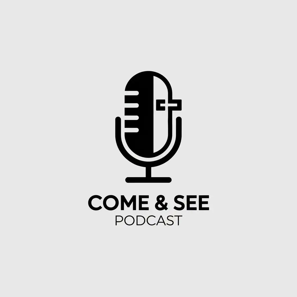 LOGO Design for Come See Podcast Minimalistic Vector Design with Microphone Cross and Door Symbols