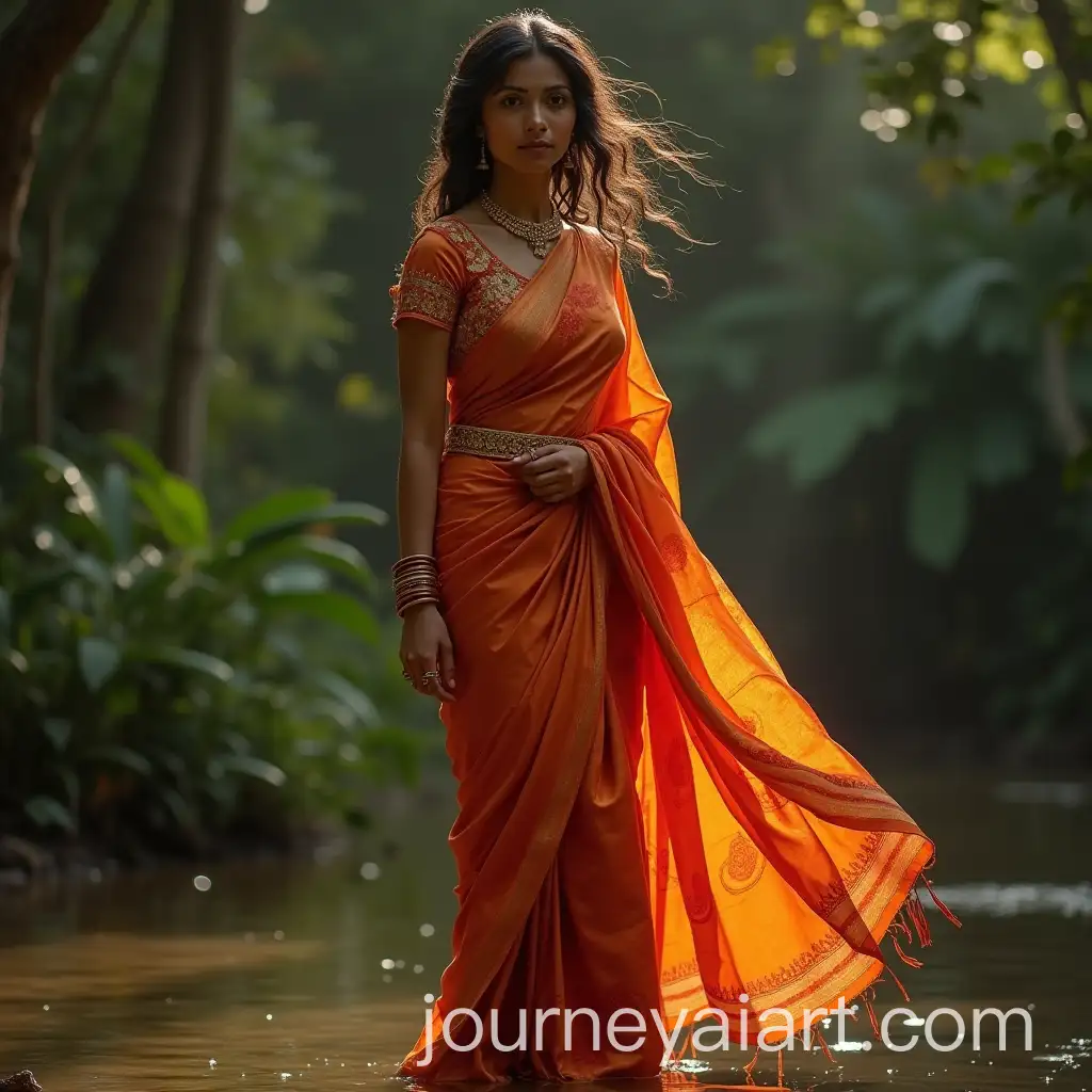 Indian-Female-Model-in-Wet-Saree-with-Beautiful-Hairstyle-Standing-on-One-Leg