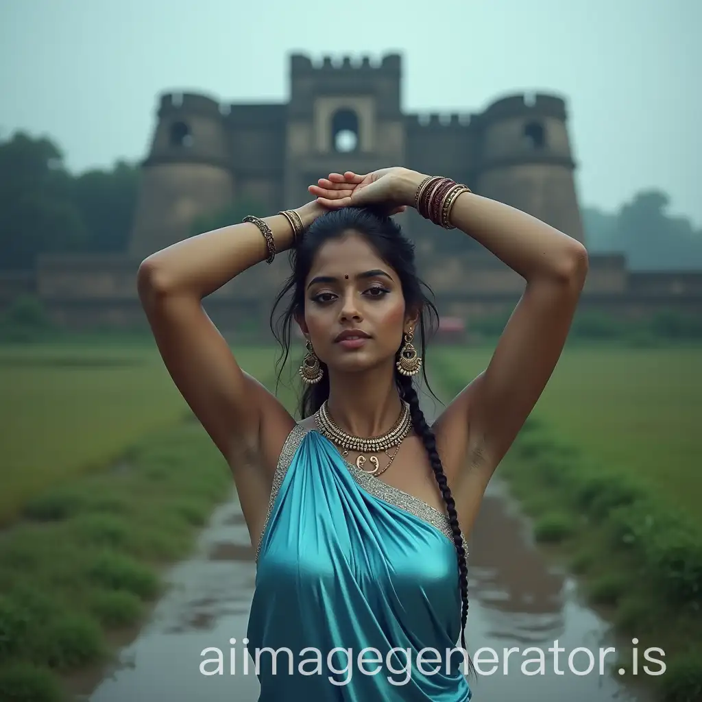 South-Indian-Woman-in-Skyblue-Bodysuit-at-Ancient-Stone-Fort-During-Rainy-Season