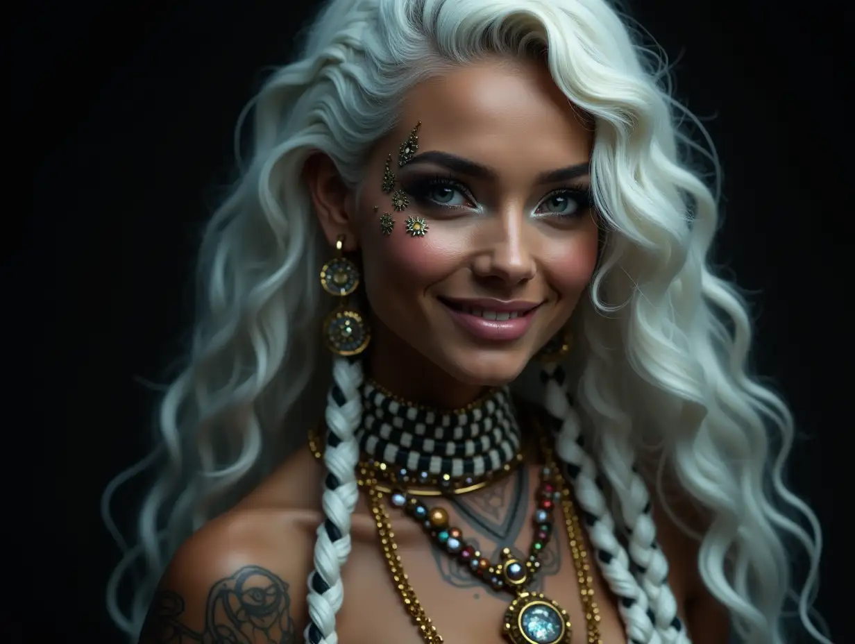 Depiction of a beautiful Indian woman with makeup, shimmer around the eyes with a smile on her face-tattoo, futuristic long white and black-white checkered hair and laced boots,with intricately detailed, colorful and futuristic jewelry.Black background blurred 120mm shot