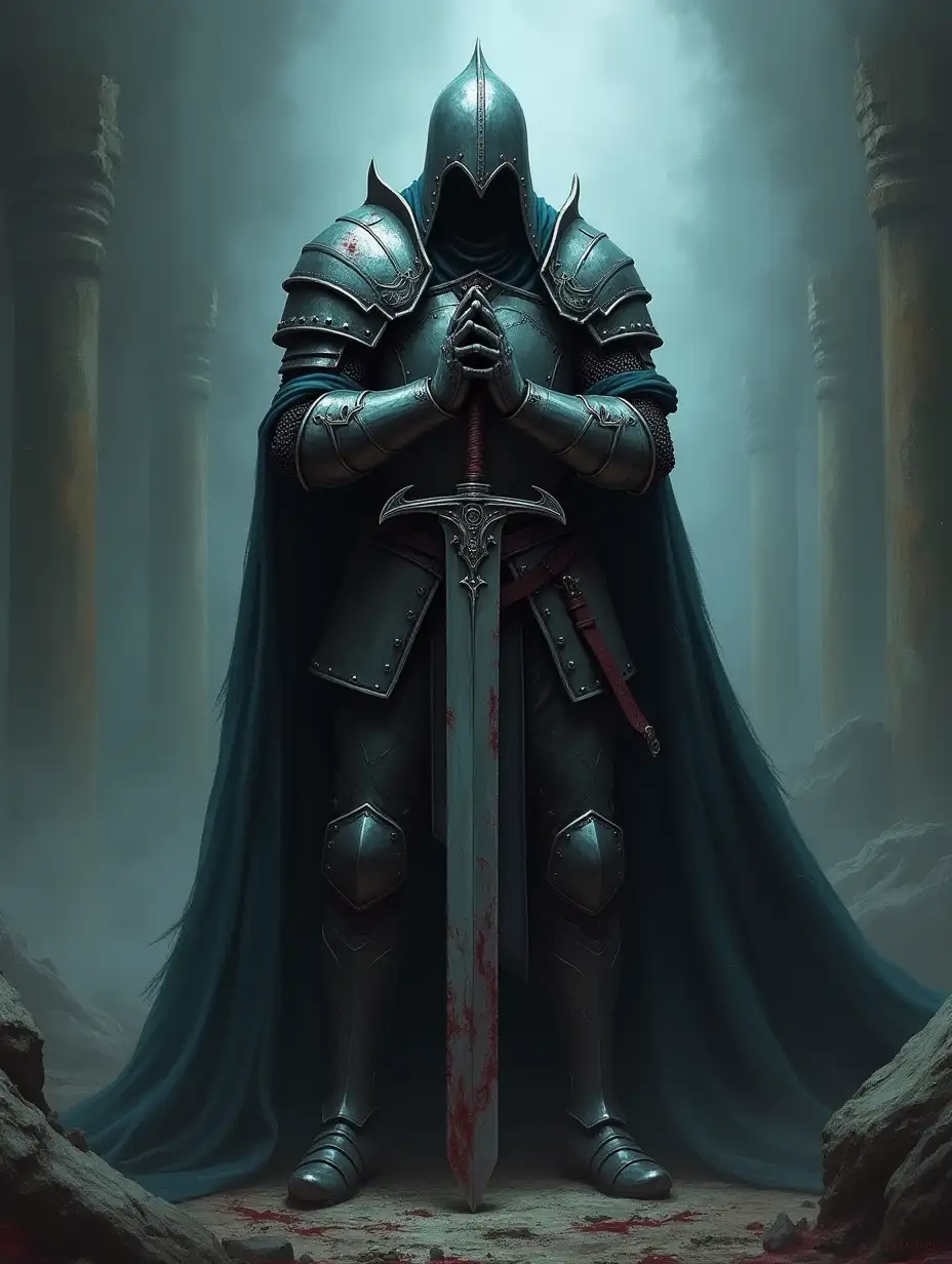 a death knight, epic standing, holding greatsword in his hands in a prayer pose, rotten plate armor, gloves, cloak, cinematic cold tones, gloomy art, masterpiece, intricate, painting, dynamic angle, stygian