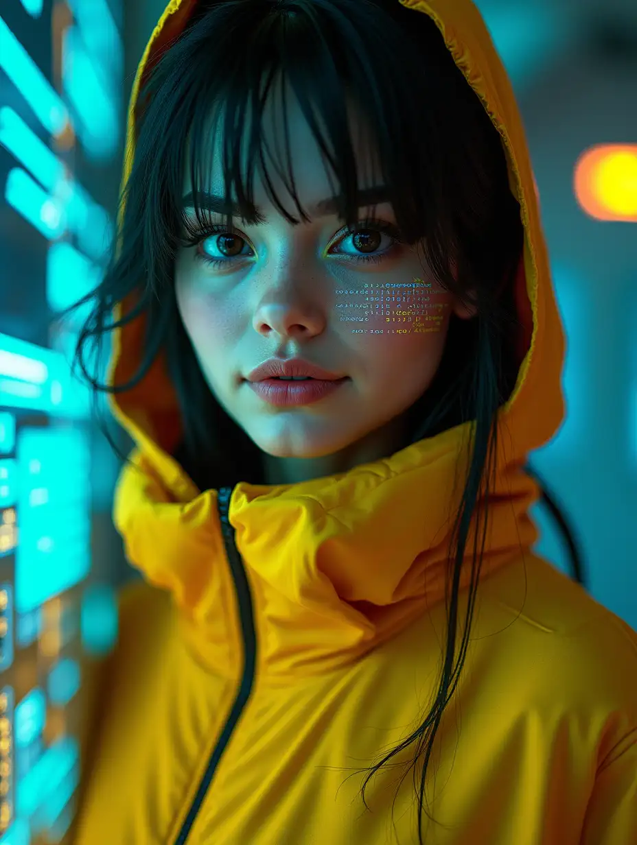 Futuristic digidal Artwork | fashion Smiling Slavic girl made up of computer code and technological shapes | In yellow clothes, Looking into the frame | cyberpunk lighting | Avant-garde and creative design | Complex and meticulous details | Combination of tech and fashion motifs | Dynamic and engaging composition | High-resolution and visually impressive, analytical art, Derek Gores